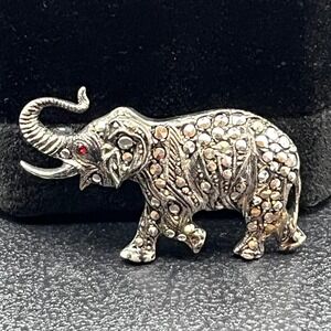 Vintage 835 Silver Elephant Brooch with Marcasite & Red Eye, Trunk Up